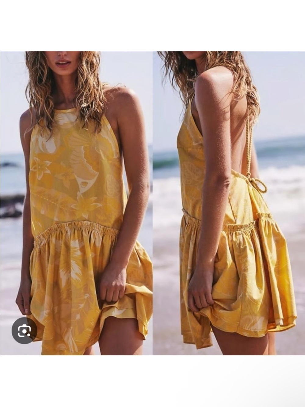 NWOT Free People Deserted Island Yellow Floral Drop-Waist Mini Dress Size L
